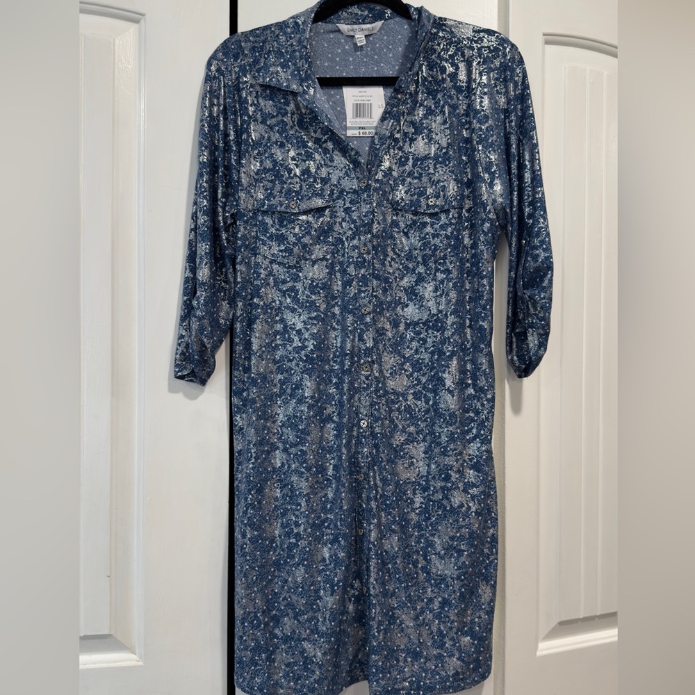 Blue Patterned Button-Up Dress with silver metallic